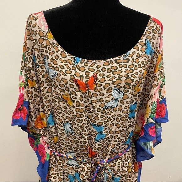 Johnny Was FLEUR KAFTAN DRESS WITH BRAIDED TIE leopard print with butterfly’s - Picture 6 of 14